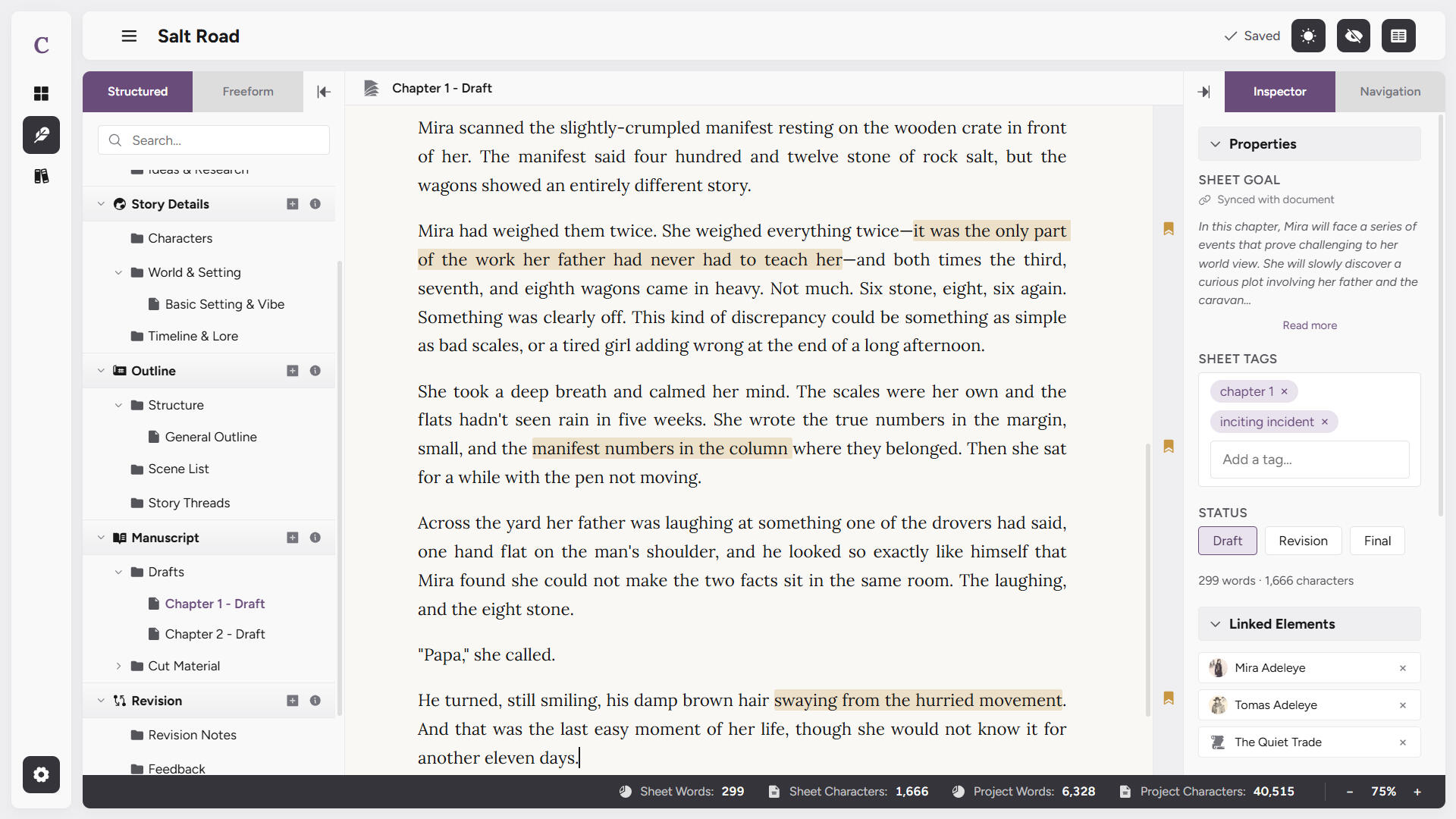 Cicero novel writing software workspace preview