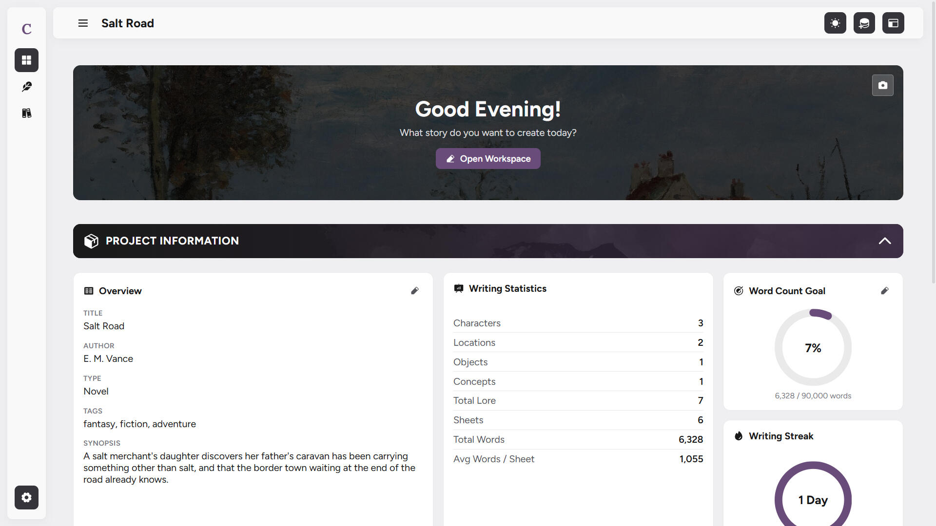 Cicero novel writing software dashboard and writing statistics