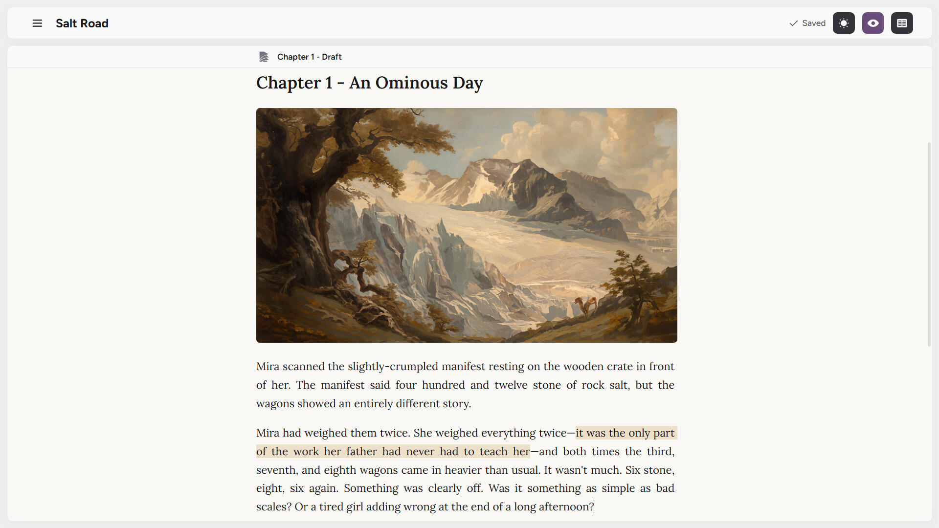 Cicero novel writing software workspace with zen/focus mode on